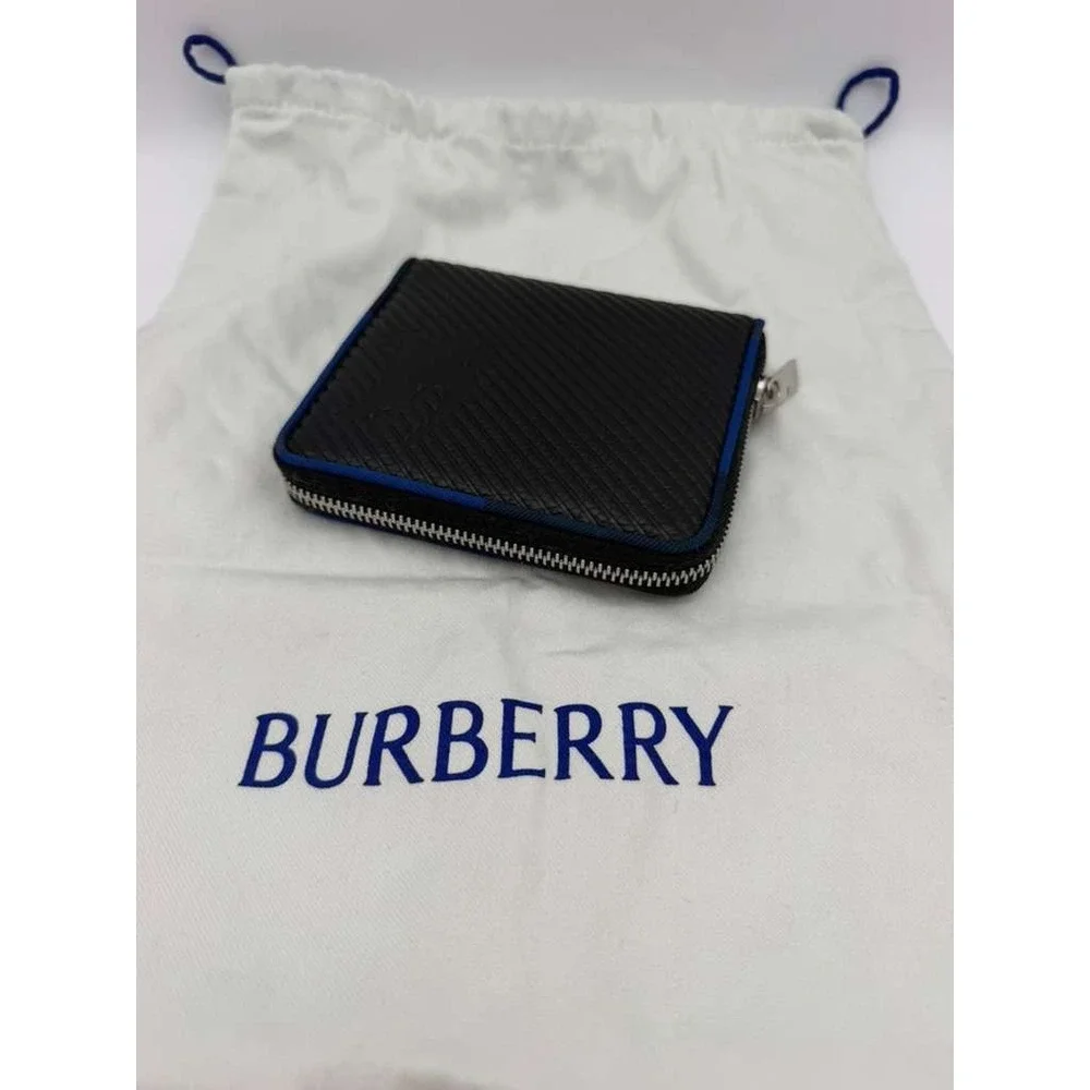 Burberry‎ Black Leather Zip Around Bifold Wallet Blue Trim Coin Pocket New